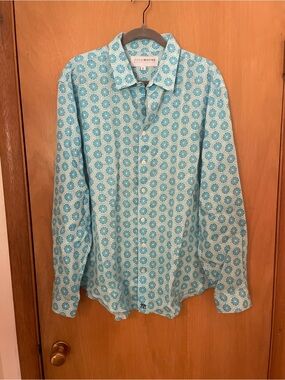 Pink House Mustique Linen Blue Orange Mens Shirt Size L EUC